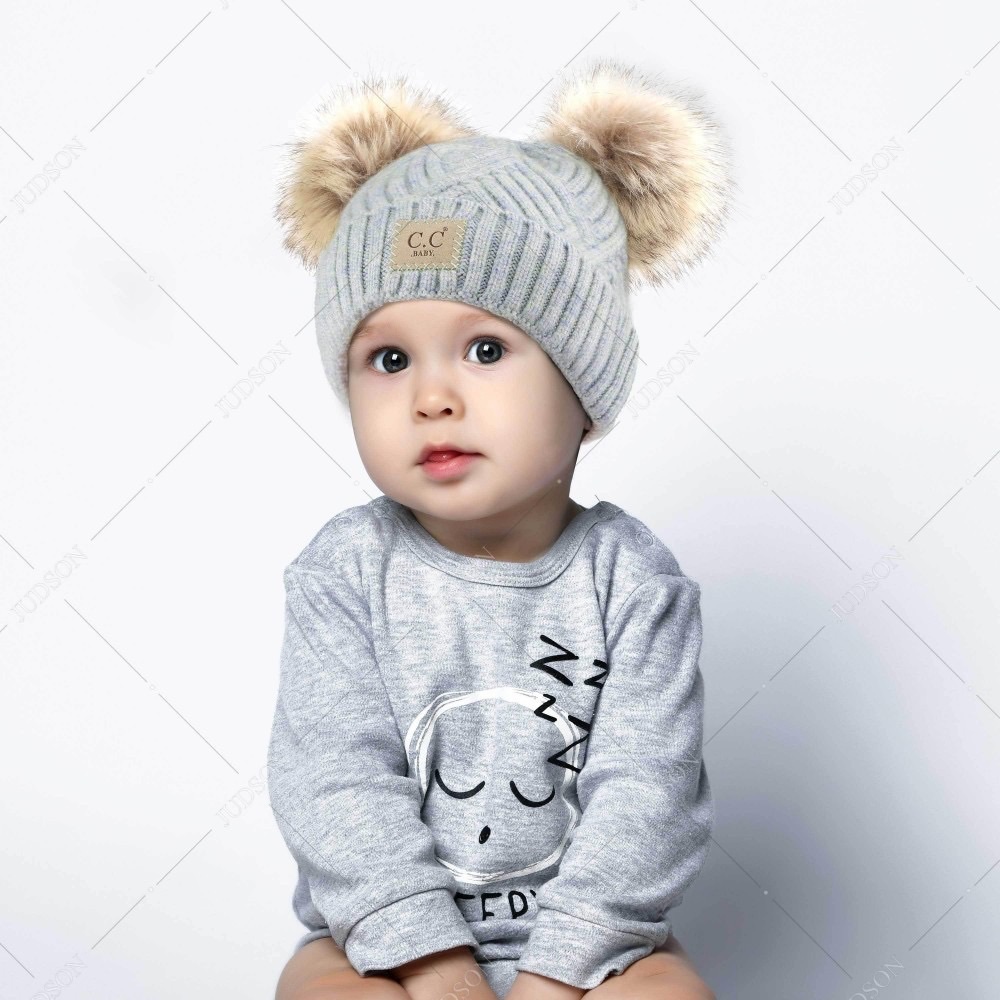 Knit Baby Beanie with Faux Fur Double Poms - Picture 2 of 3